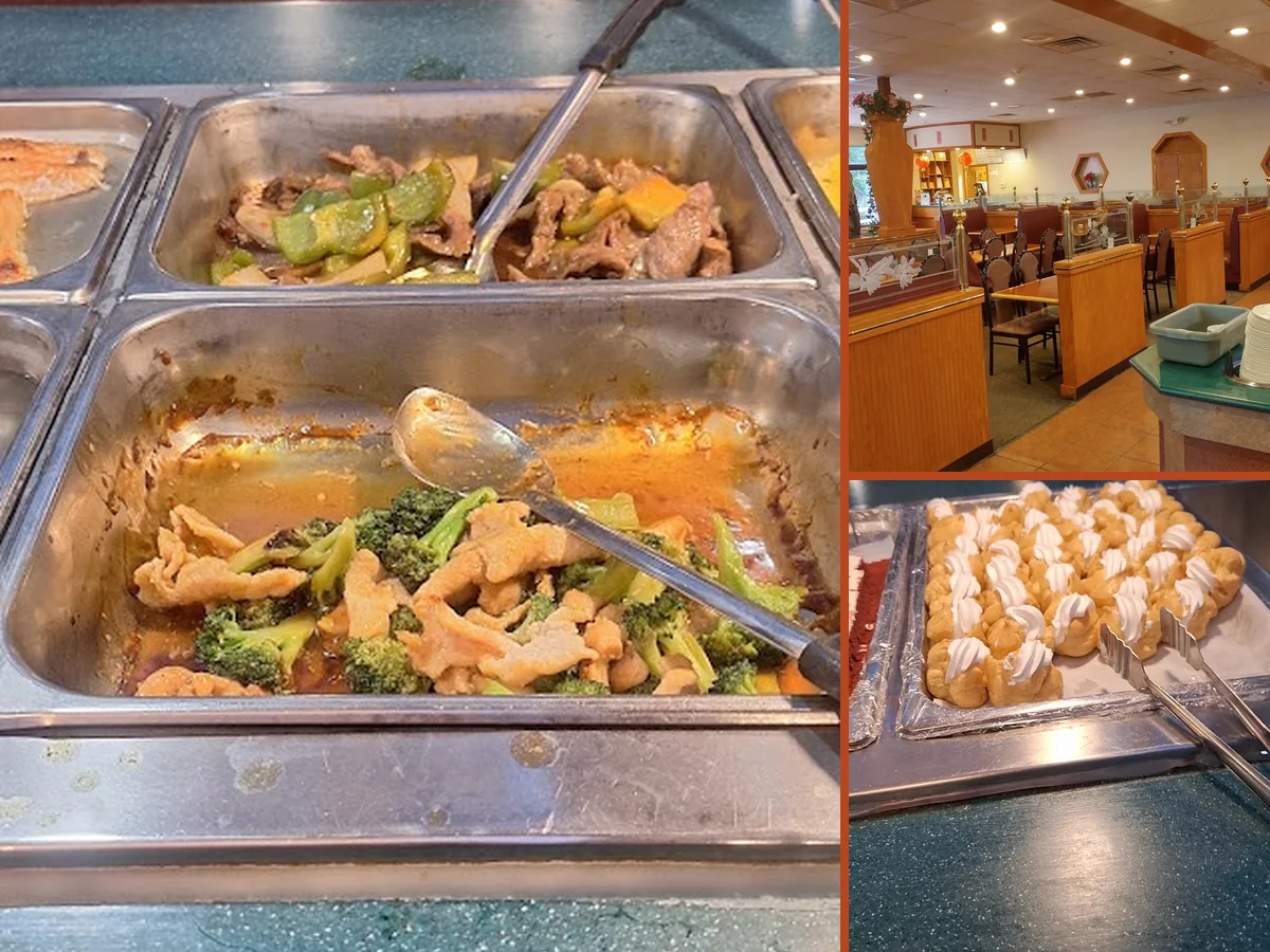 Buffet trays lined up in a Chinese restaurant.