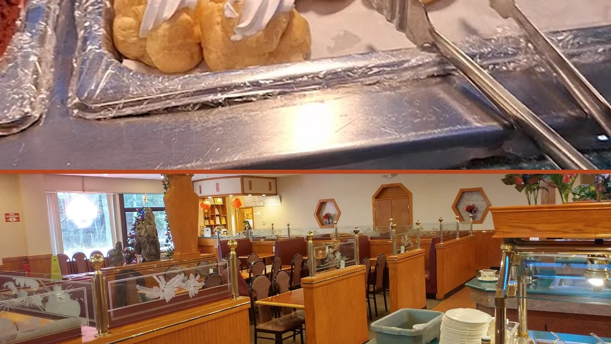 Clean dining area with buffet service counters.