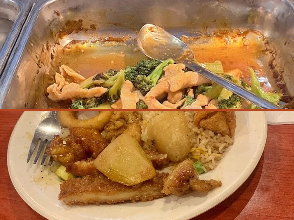 Chinese buffet spread with hot dishes displayed.